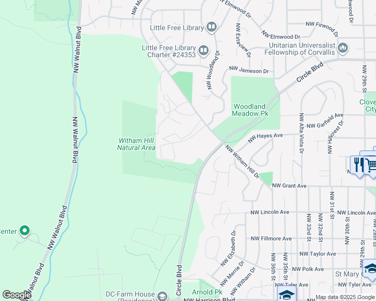 map of restaurants, bars, coffee shops, grocery stores, and more near 4014 Northwest Witham Hill Drive in Corvallis