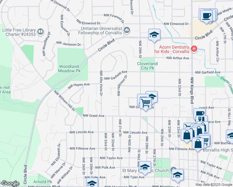 map of restaurants, bars, coffee shops, grocery stores, and more near 3135 Northwest Greenwood Avenue in Corvallis