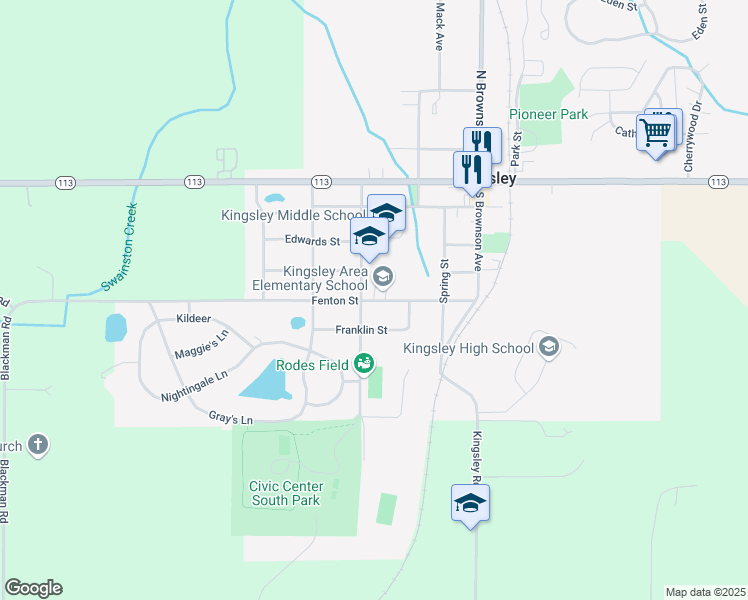 map of restaurants, bars, coffee shops, grocery stores, and more near 402 Fenton Street in Kingsley