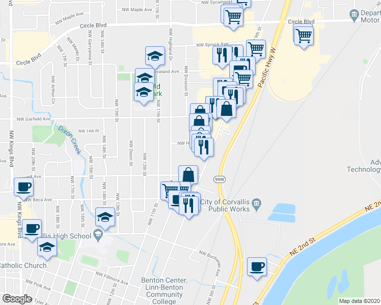 map of restaurants, bars, coffee shops, grocery stores, and more near 961 Northwest Hayes Avenue in Corvallis