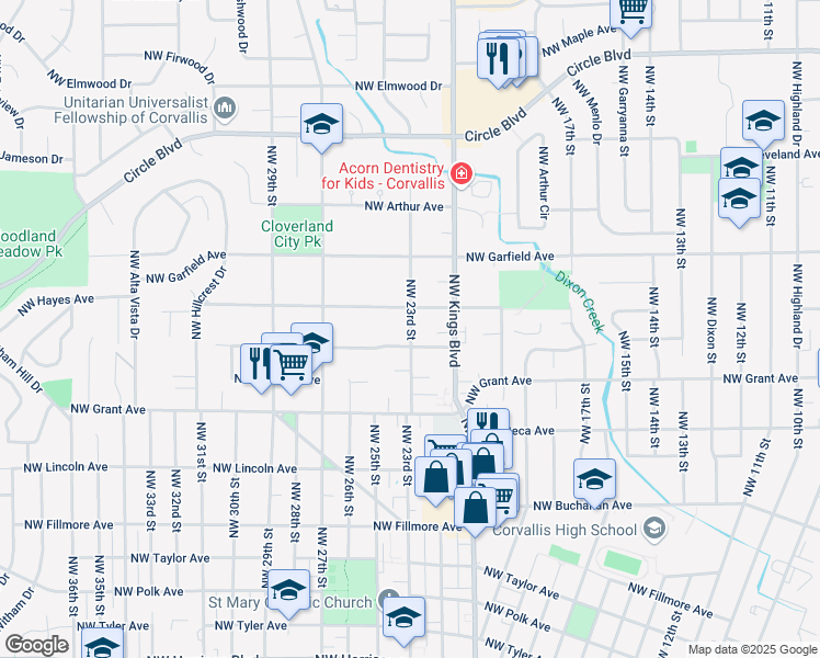map of restaurants, bars, coffee shops, grocery stores, and more near 2220 Northwest Hayes Avenue in Corvallis