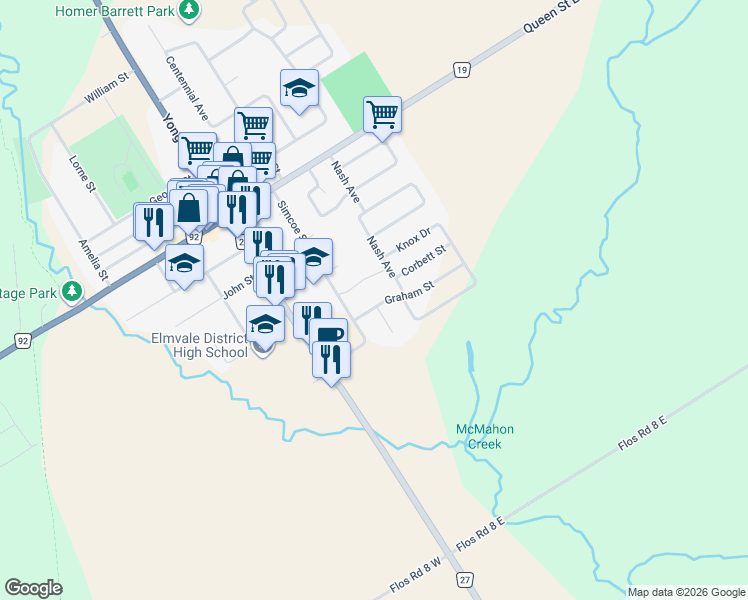 map of restaurants, bars, coffee shops, grocery stores, and more near 10 Graham Street in Elmvale