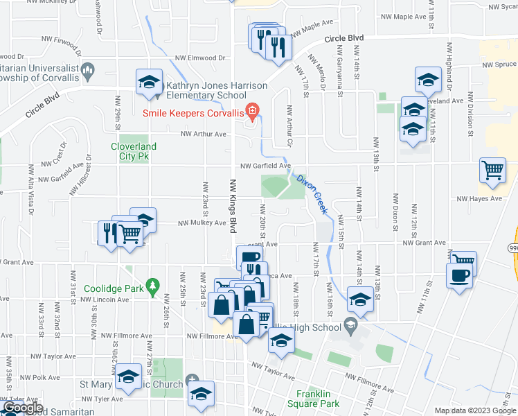 map of restaurants, bars, coffee shops, grocery stores, and more near 1482 Northwest 20th Street in Corvallis
