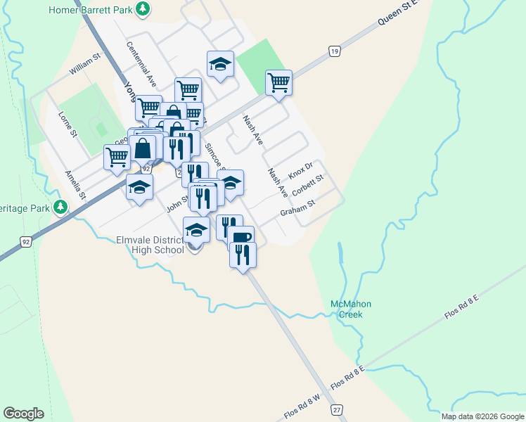 map of restaurants, bars, coffee shops, grocery stores, and more near 10 Graham Street in Elmvale