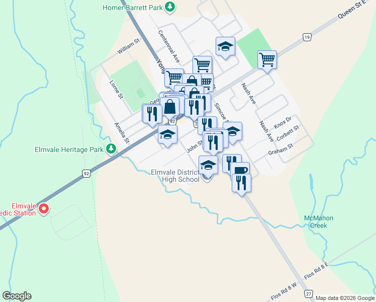 map of restaurants, bars, coffee shops, grocery stores, and more near 12 John Street in Elmvale
