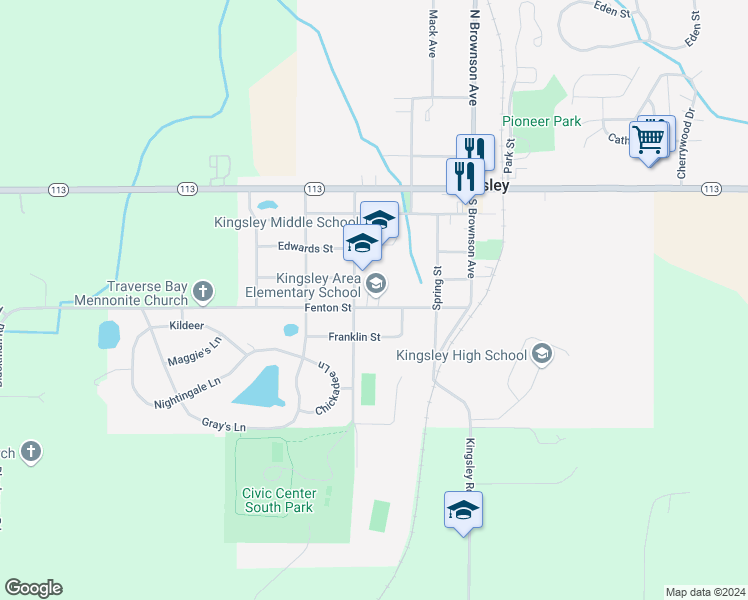 map of restaurants, bars, coffee shops, grocery stores, and more near 402 Fenton Street in Kingsley