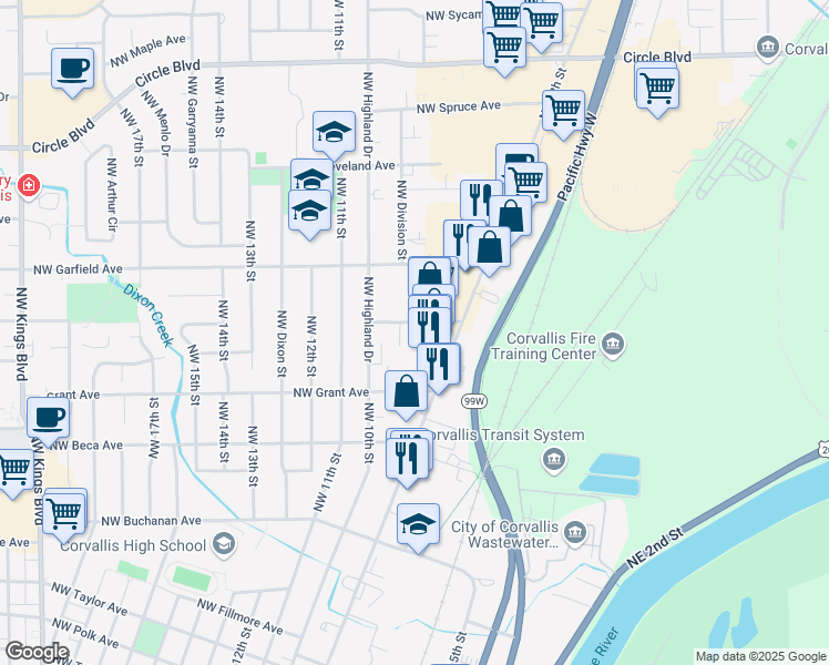 map of restaurants, bars, coffee shops, grocery stores, and more near 960 Northwest Hayes Avenue in Corvallis