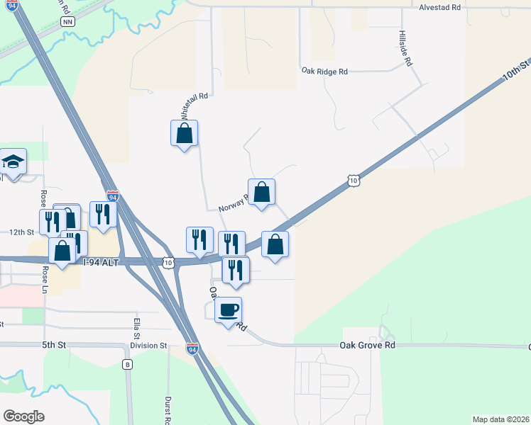 map of restaurants, bars, coffee shops, grocery stores, and more near 12524 Frontage Road in Osseo