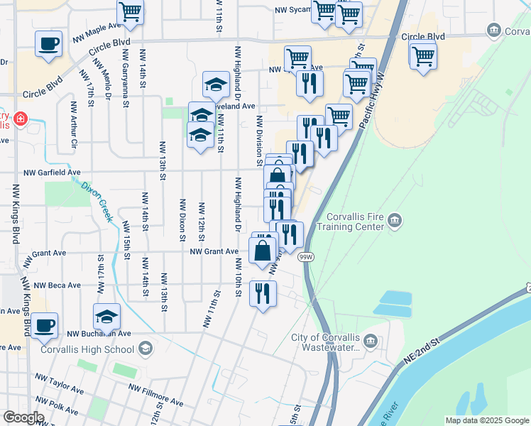 map of restaurants, bars, coffee shops, grocery stores, and more near 961 Northwest Hayes Avenue in Corvallis