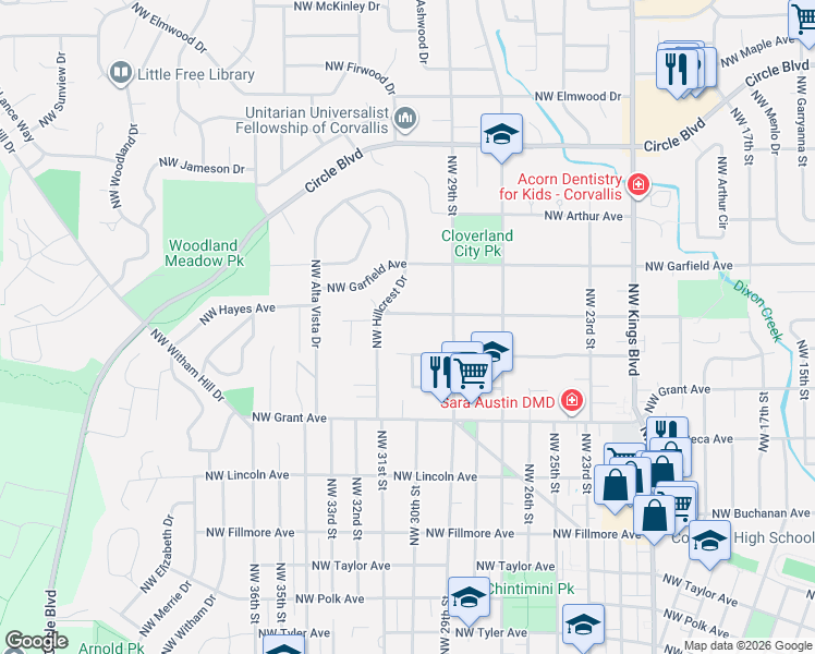 map of restaurants, bars, coffee shops, grocery stores, and more near 2970 Northwest Hayes Avenue in Corvallis