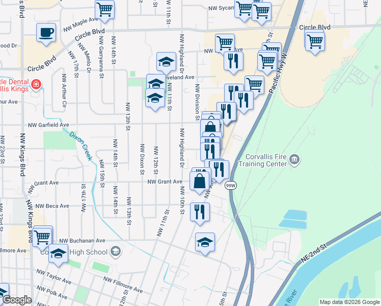 map of restaurants, bars, coffee shops, grocery stores, and more near 1460 Northwest Division Street in Corvallis