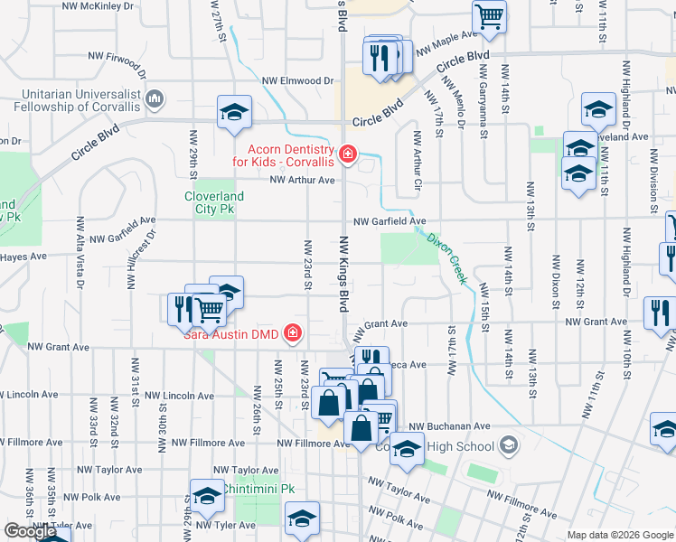 map of restaurants, bars, coffee shops, grocery stores, and more near 1440 Northwest Kings Boulevard in Corvallis