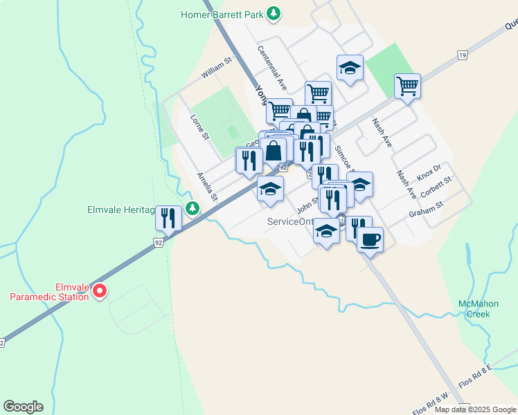 map of restaurants, bars, coffee shops, grocery stores, and more near 36 Stone Street in Elmvale