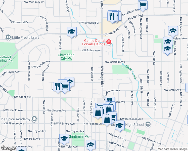 map of restaurants, bars, coffee shops, grocery stores, and more near 2220 Northwest Hayes Avenue in Corvallis