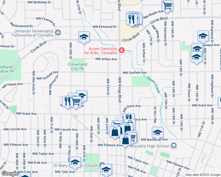 map of restaurants, bars, coffee shops, grocery stores, and more near 2220 Northwest Hayes Avenue in Corvallis