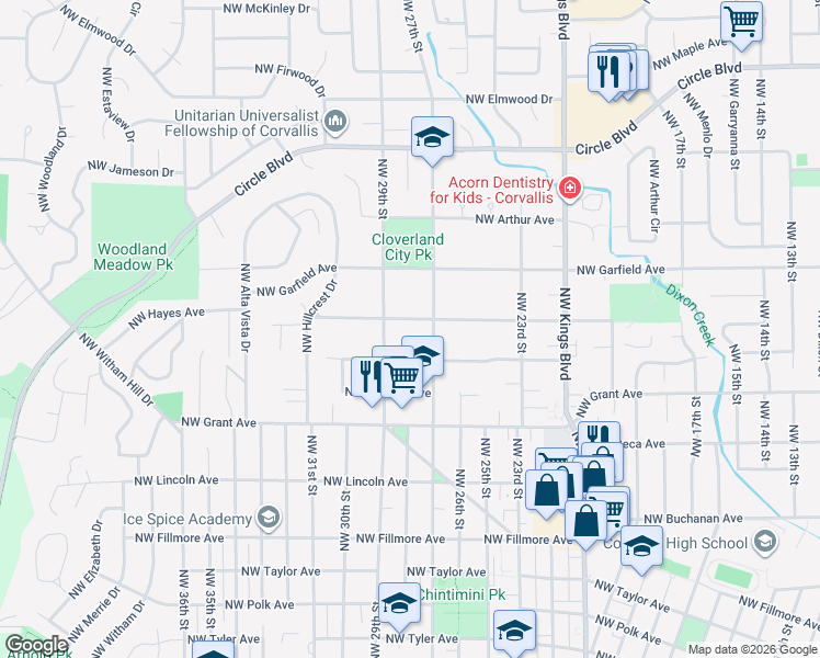 map of restaurants, bars, coffee shops, grocery stores, and more near 2740 Northwest Hayes Avenue in Corvallis