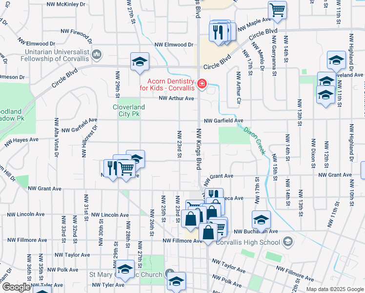 map of restaurants, bars, coffee shops, grocery stores, and more near 2220 Northwest Hayes Avenue in Corvallis