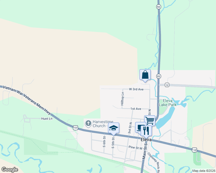 map of restaurants, bars, coffee shops, grocery stores, and more near 26300 West 3rd Avenue in Eleva