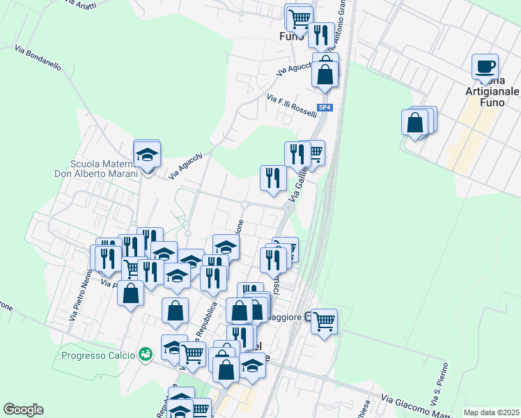 map of restaurants, bars, coffee shops, grocery stores, and more near 10 Via Oreste Vancini in Progresso