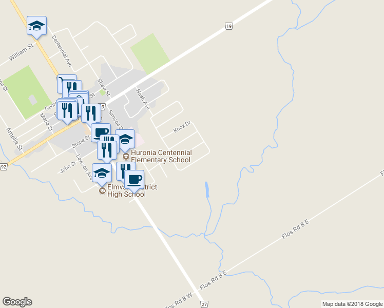 map of restaurants, bars, coffee shops, grocery stores, and more near 33 Graham Street in Elmvale