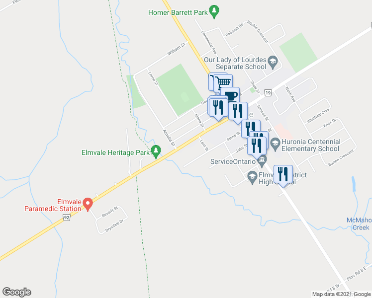map of restaurants, bars, coffee shops, grocery stores, and more near 87 Queen Street West in Elmvale