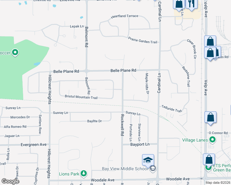 map of restaurants, bars, coffee shops, grocery stores, and more near 2765 Bristol Mountain Trail in Green Bay