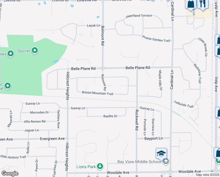 map of restaurants, bars, coffee shops, grocery stores, and more near 2837 Snowbird Court in Green Bay