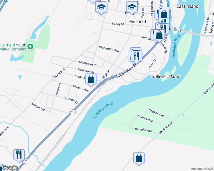map of restaurants, bars, coffee shops, grocery stores, and more near 14 Winter Street in Fairfield
