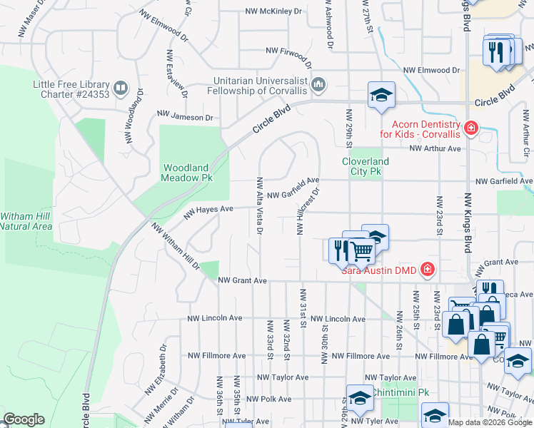 map of restaurants, bars, coffee shops, grocery stores, and more near 1431 Northwest Alta Vista Drive in Corvallis