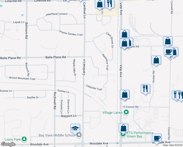 map of restaurants, bars, coffee shops, grocery stores, and more near 2562 Silver Cliff Trail in Green Bay