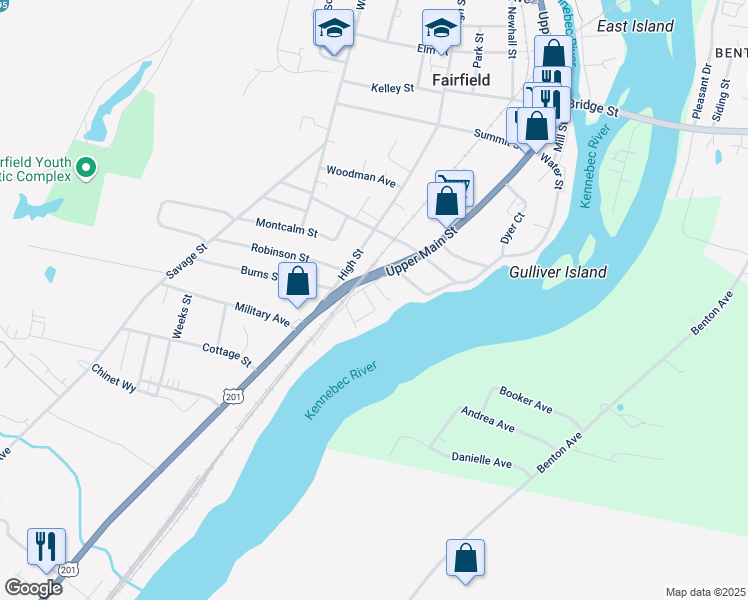 map of restaurants, bars, coffee shops, grocery stores, and more near 14 Winter Street in Fairfield