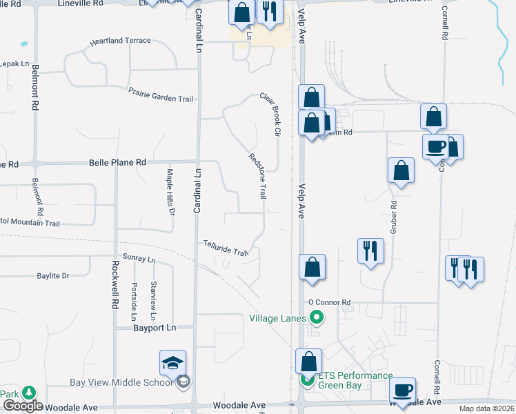 map of restaurants, bars, coffee shops, grocery stores, and more near 1500 Redstone Trail in Howard
