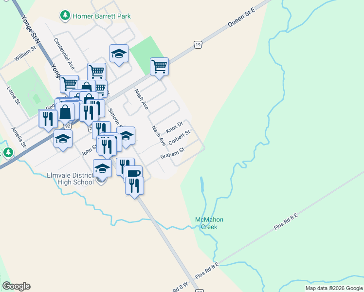 map of restaurants, bars, coffee shops, grocery stores, and more near 32 Graham Street in Elmvale