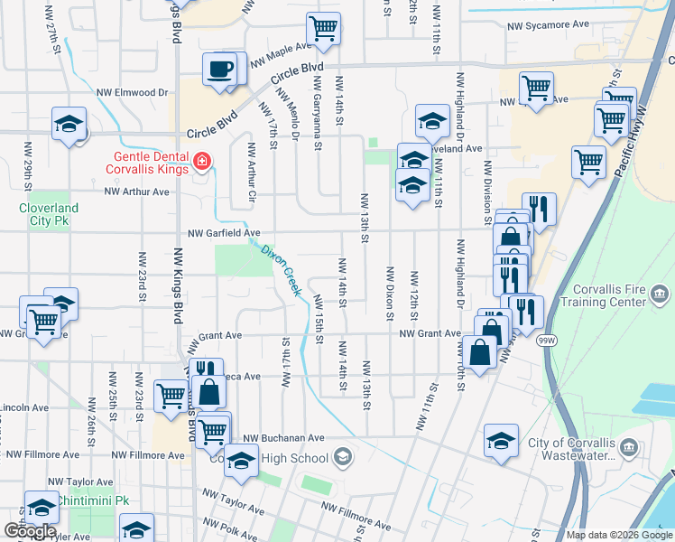 map of restaurants, bars, coffee shops, grocery stores, and more near 1500 Northwest 14th Street in Corvallis