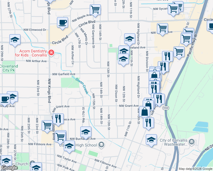 map of restaurants, bars, coffee shops, grocery stores, and more near 1510 Northwest 13th Street in Corvallis