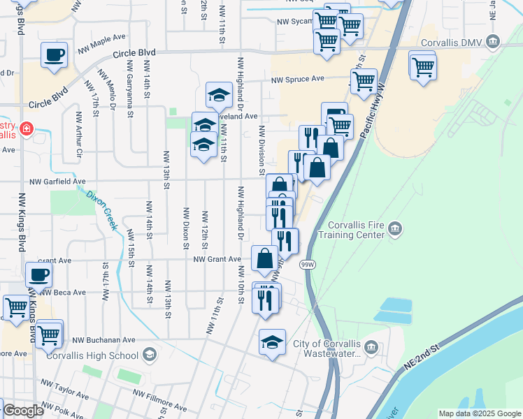 map of restaurants, bars, coffee shops, grocery stores, and more near 961 Northwest Hayes Avenue in Corvallis