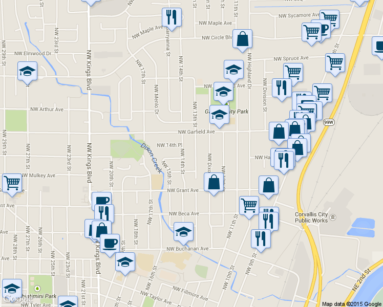 map of restaurants, bars, coffee shops, grocery stores, and more near 1505 Northwest 13th Street in Corvallis