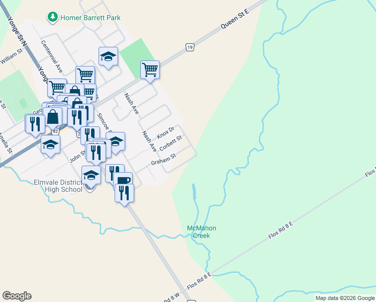 map of restaurants, bars, coffee shops, grocery stores, and more near 33 Graham Street in Elmvale
