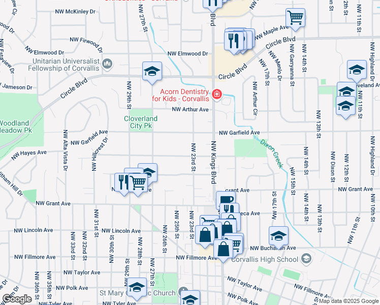 map of restaurants, bars, coffee shops, grocery stores, and more near 2220 Northwest Hayes Avenue in Corvallis