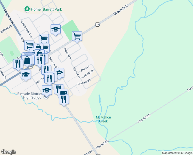 map of restaurants, bars, coffee shops, grocery stores, and more near 41 Graham Street in Springwater