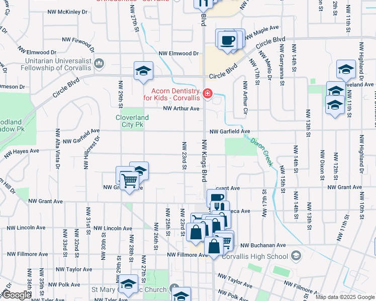 map of restaurants, bars, coffee shops, grocery stores, and more near 1515 Northwest 23rd Street in Corvallis