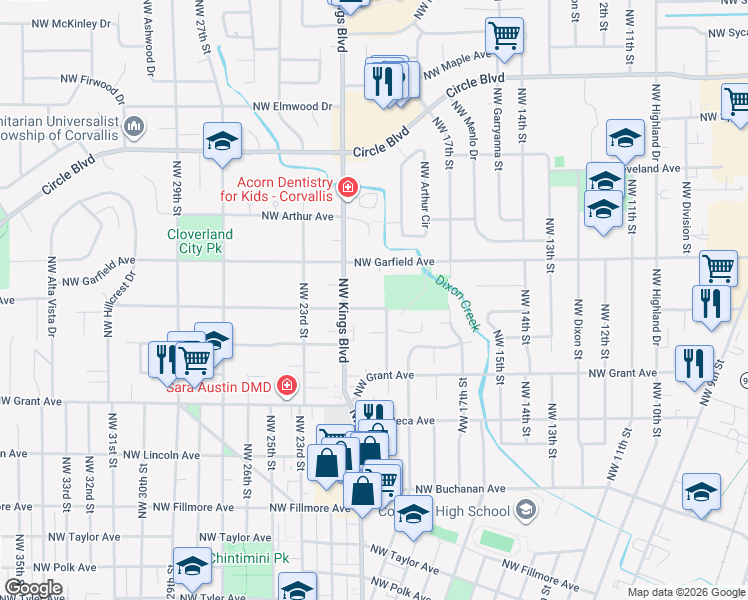 map of restaurants, bars, coffee shops, grocery stores, and more near 1935 Northwest Hayes Avenue in Corvallis