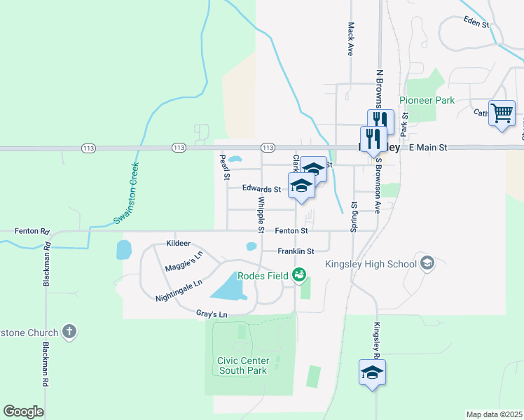 map of restaurants, bars, coffee shops, grocery stores, and more near Whipple Street in Kingsley