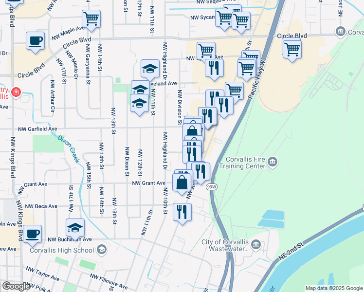 map of restaurants, bars, coffee shops, grocery stores, and more near 961 Northwest Hayes Avenue in Corvallis