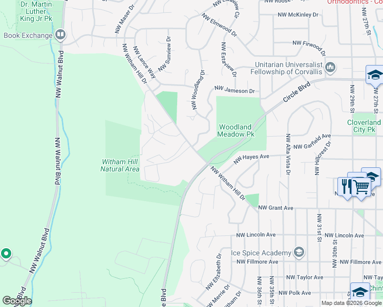 map of restaurants, bars, coffee shops, grocery stores, and more near 3930 Northwest Witham Hill Drive in Corvallis