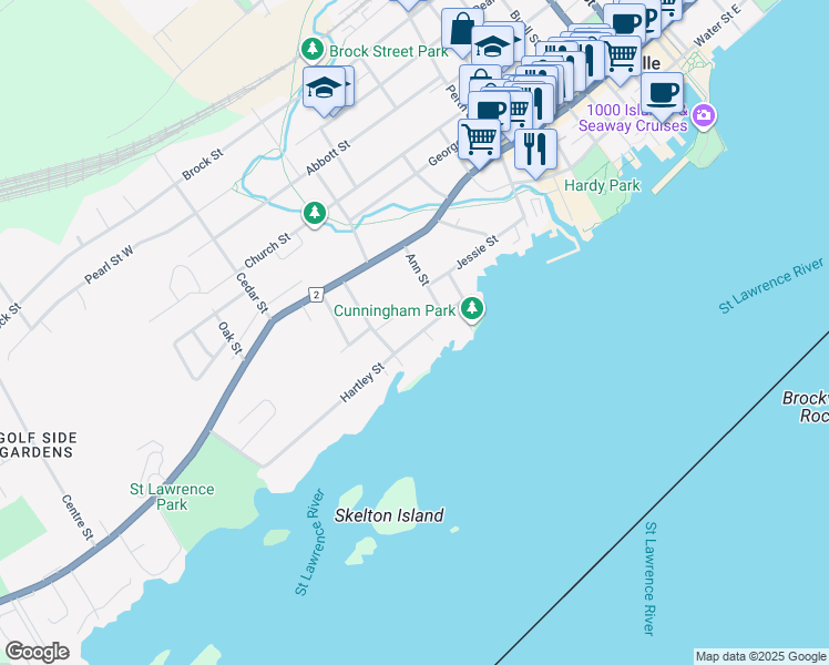 map of restaurants, bars, coffee shops, grocery stores, and more near 54 Hartley Street in Brockville