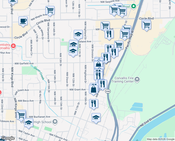 map of restaurants, bars, coffee shops, grocery stores, and more near in Corvallis