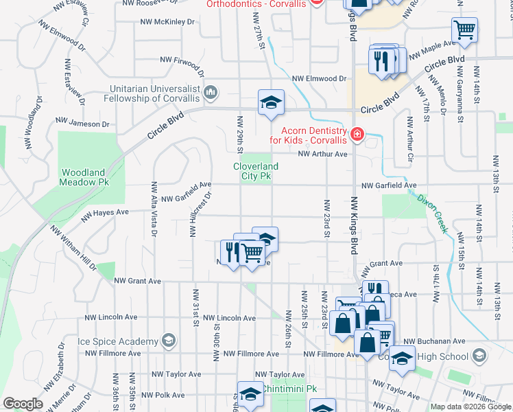 map of restaurants, bars, coffee shops, grocery stores, and more near 2740 Northwest Hayes Avenue in Corvallis