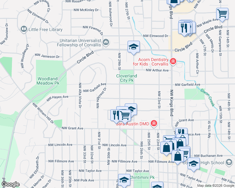map of restaurants, bars, coffee shops, grocery stores, and more near 1444 Northwest 29th Street in Corvallis