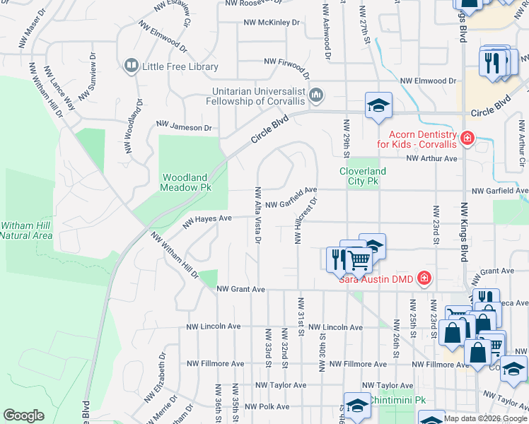 map of restaurants, bars, coffee shops, grocery stores, and more near 1431 Northwest Alta Vista Drive in Corvallis